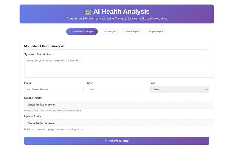 Pawlytics multi-modal analysis form with symptom text, photo and audio upload