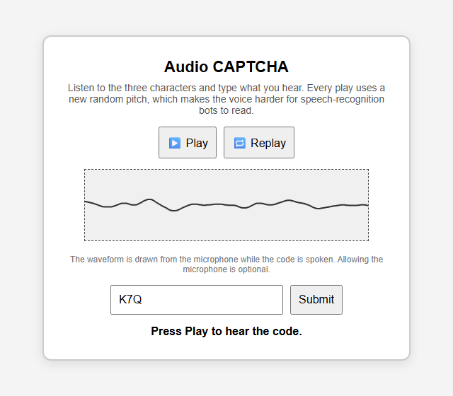 Audio CAPTCHA with play, replay and answer box